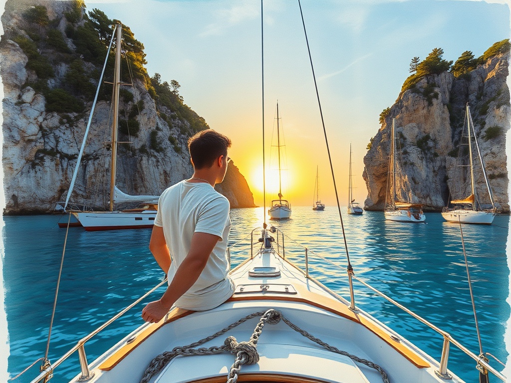 The arrival — golden hour in a sheltered bay