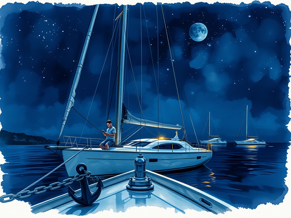 2AM in the anchorage — dark water, cabin light
