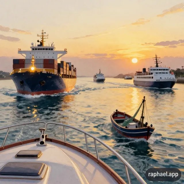 Busy shipping lane from cockpit at dusk