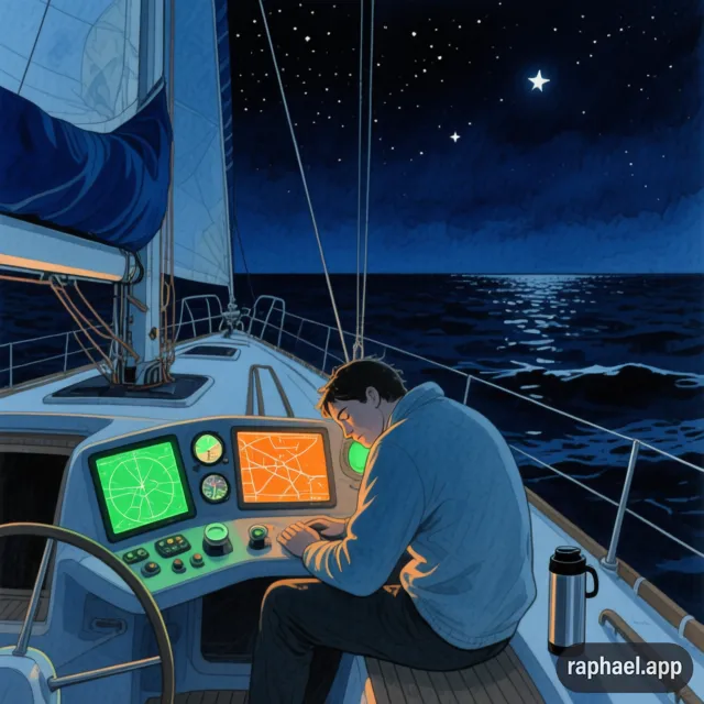 Yacht at sea at midnight, instruments glowing