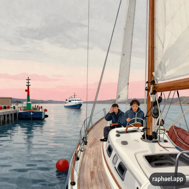 Dawn breaking, yacht approaching harbour