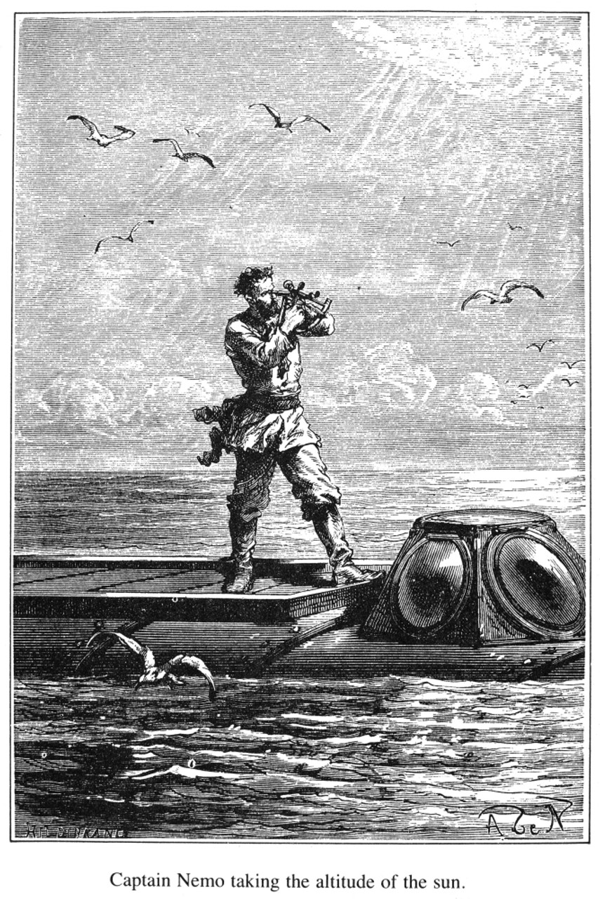 Captain Nemo Taking the Altitude of the Sun - Engraving by Alphonse de Neuville, 1870