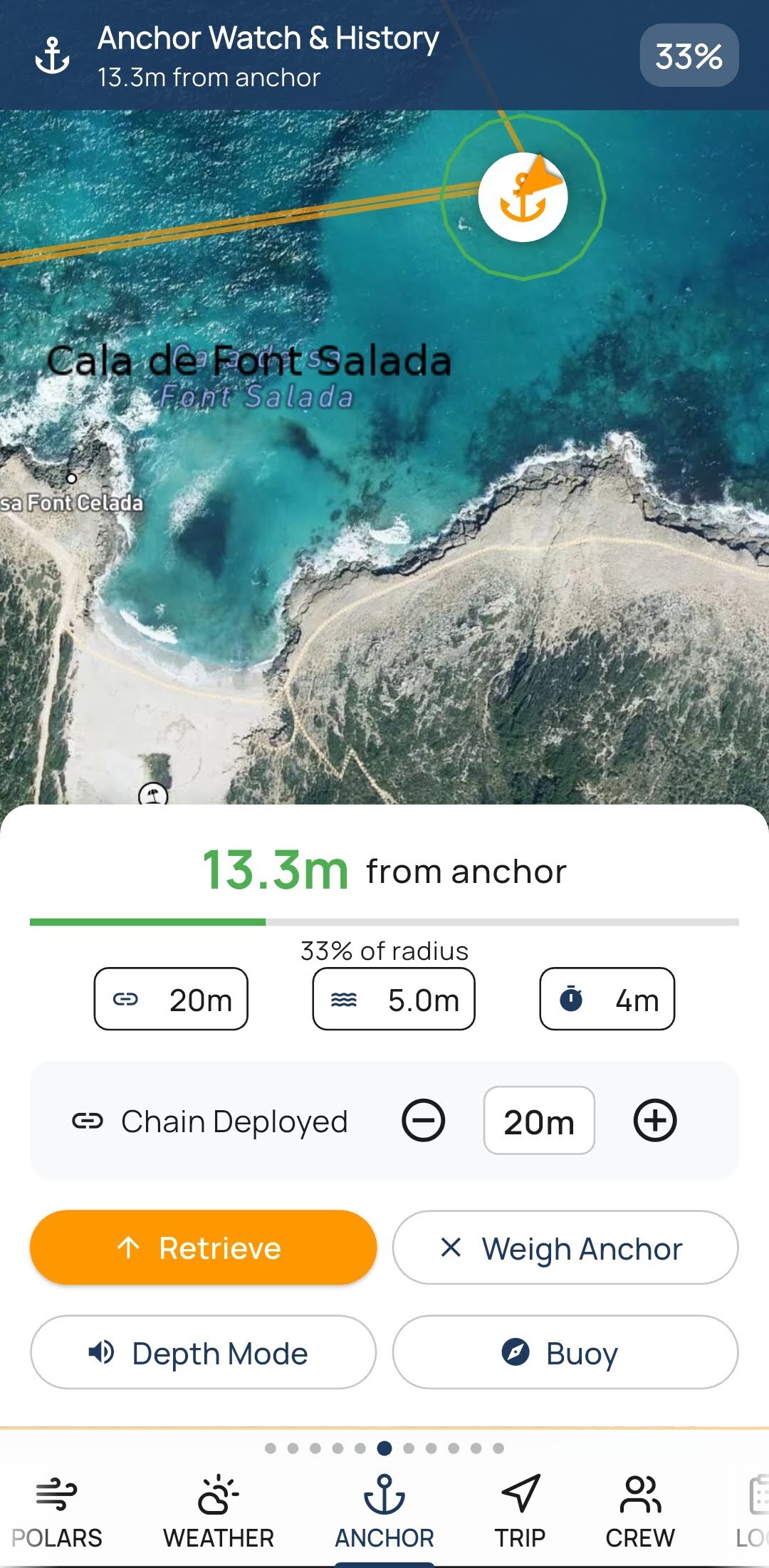 Galvanic App — scheda Ancora: rilevamento automatico, cerchio di bordata e allarmi aratura