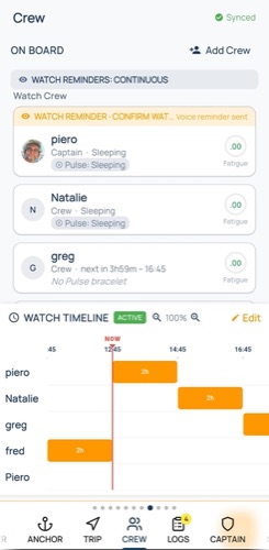 Galvanic App — scheda Equipaggio: lista, pianificazione turni e indicatore fatica