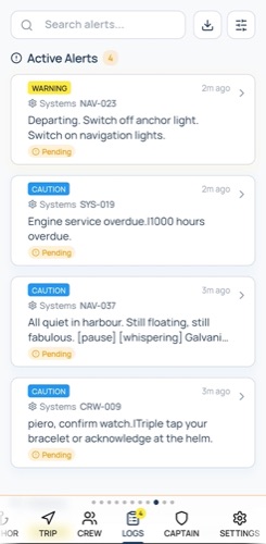 Galvanic App — scheda Log: registro allerte con ricerca