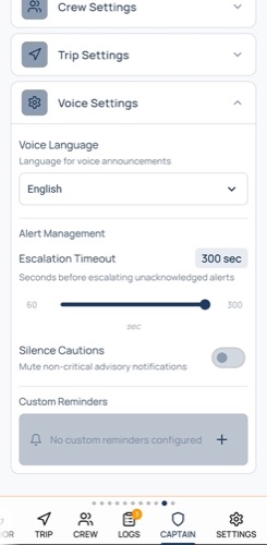 Galvanic App — scheda Capitano: lingua, regolazione per allerta e modalità notte