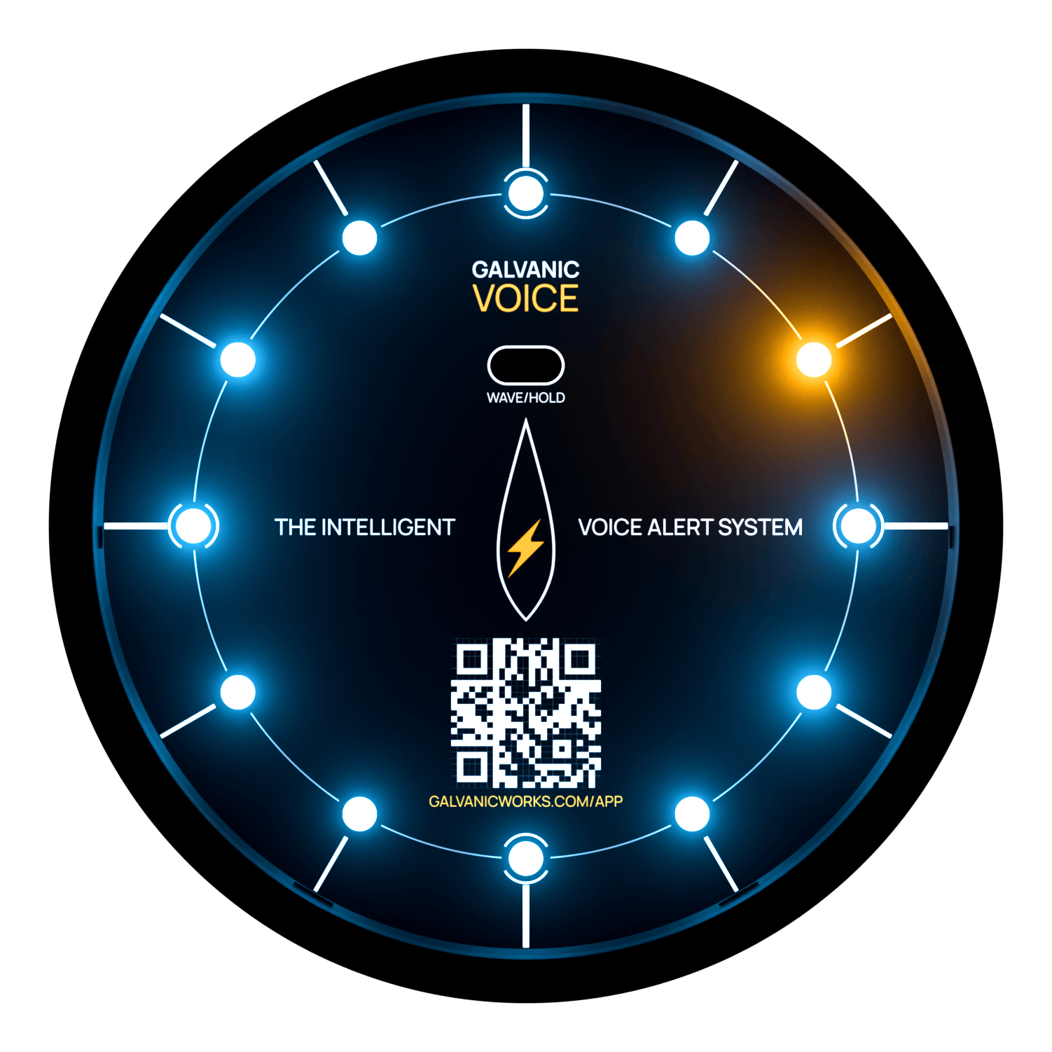 Unità Galvanic Voice durante un allarme — LED direzionali accesi intorno al frontale in Gorilla Glass